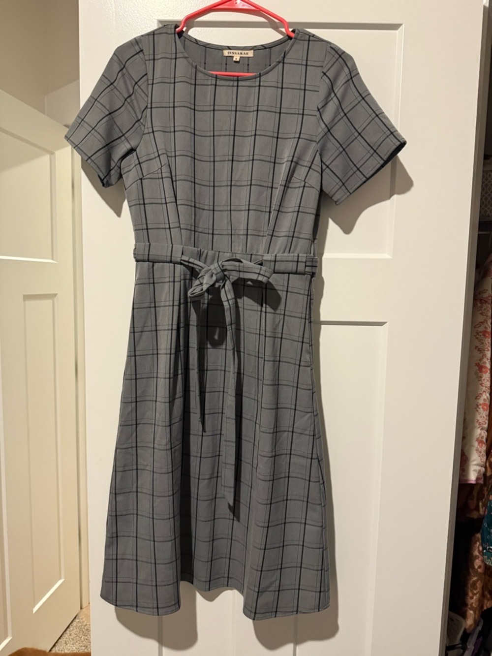 JessaKae Gray Plaid Belted Midi Dress